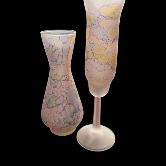 Vintage Hand Crafted Vase & Flute Glass Bundle |Pink, Yellow, Blue, Green Colors - Picture 3 of 7